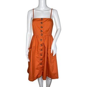 FOREVER 21 Orange Cotton Button-Front Square Neck Spaghetti Strap Midi Dress